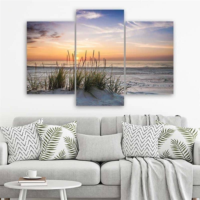 Kaeppel Leinwandbild 3-teilig, Strand Meer Gras Sonnenuntergang
