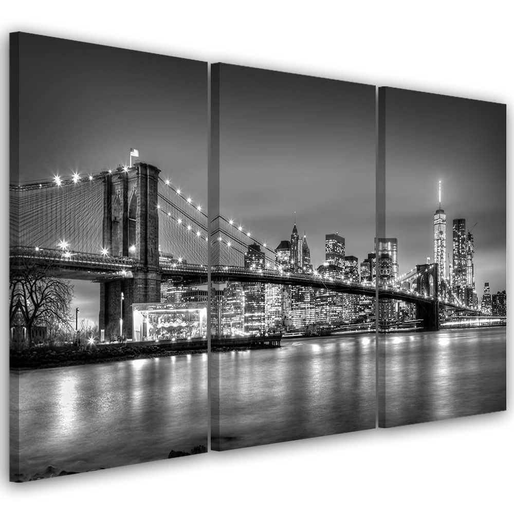 Kaeppel Leinwandbild 3-teilig, New York Brooklyn Bridge Schwarz Weiß