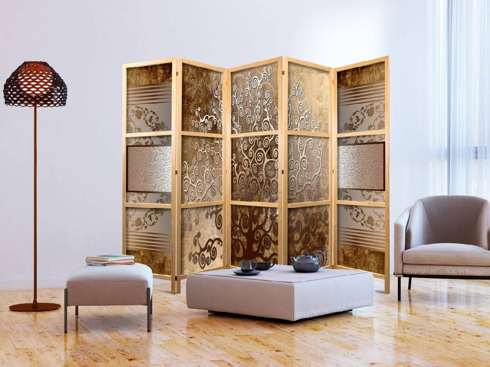 Kaeppel Japanischer Paravent, Raumteiler freistehend, Trennwand - Goldene Blüten Outlet
