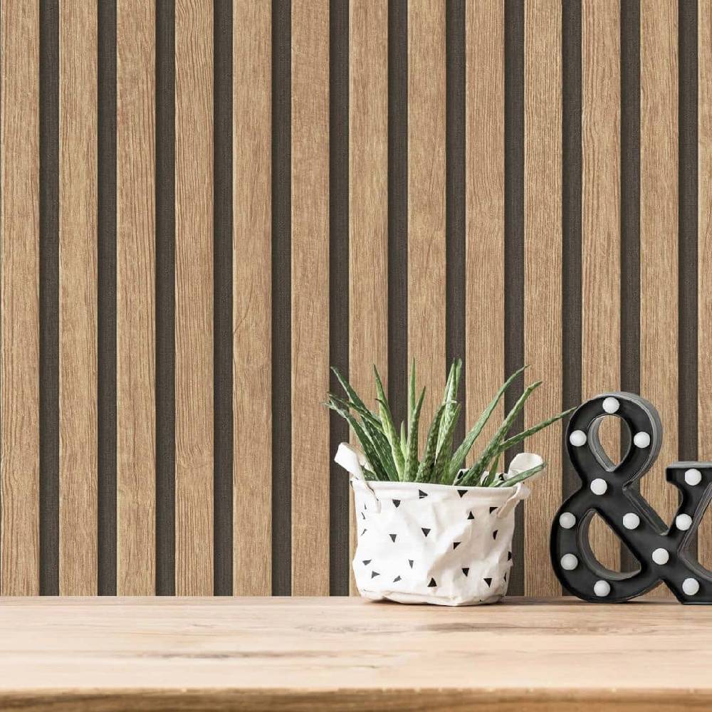 Kaeppel 3D Lamellenwand Tapete - Holzoptik Vliestapete von A.S. Creation Beige, Schwarz, Braun Begrenzte Freigabe