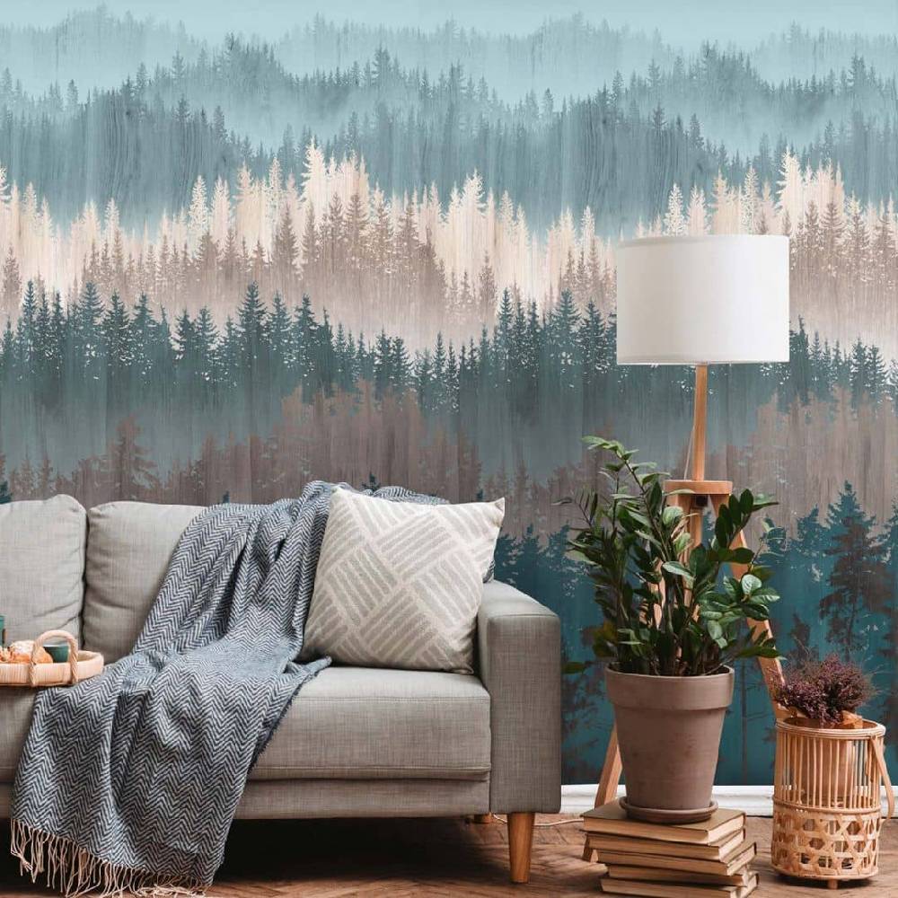 Kaeppel Fototapete Natur Wald Blau Beige Tapete Bäume Modern für Küchen, Wohnzimmer