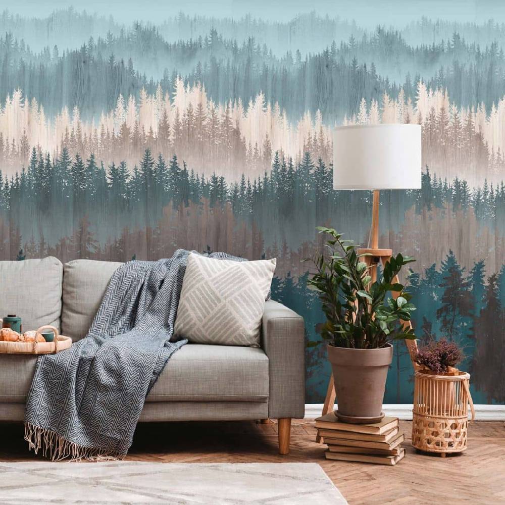 Kaeppel Fototapete Natur Wald Blau Beige Tapete Bäume Modern für Küchen, Wohnzimmer Letzte 2 Tage