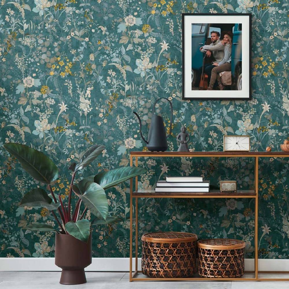 Kaeppel Blumentapete Petrol Blau Vintage Landhaus Blumen Vliestapete florale Tapete