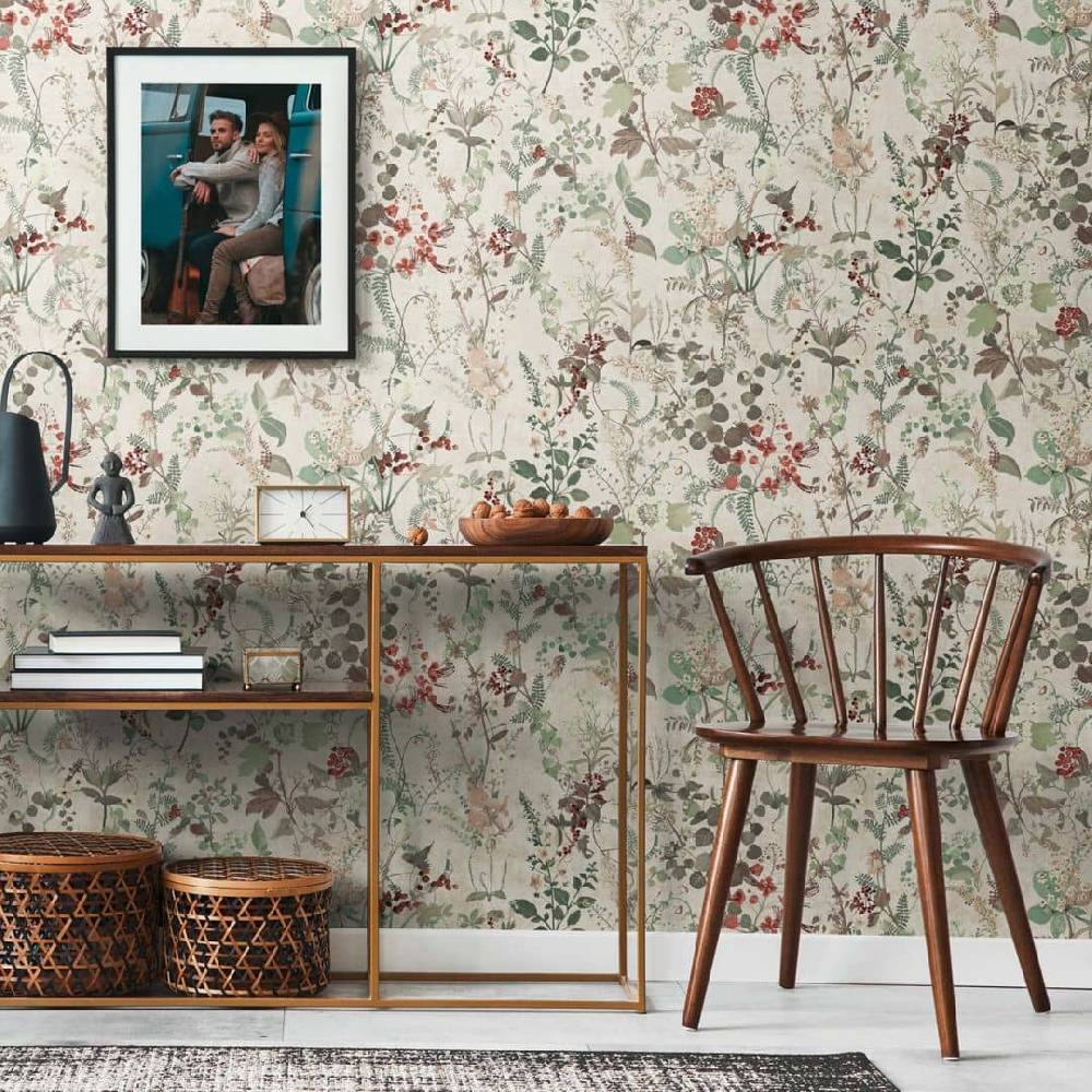 Kaeppel Blumentapete Landhaus Vintage Tapete Weiß Grün Rot Vliestapete Blumen floral