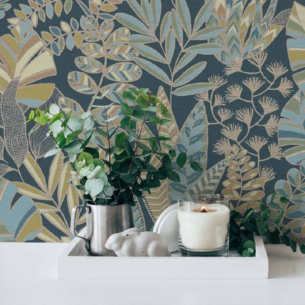 Kaeppel Dschungel Tapete Blau Gold Grün Pflanzen Vliestapete Blätter floral