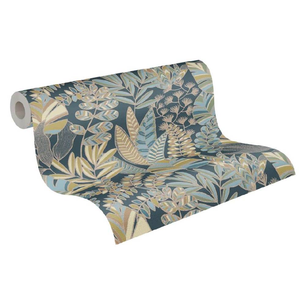 Kaeppel Dschungel Tapete Blau Gold Grün Pflanzen Vliestapete Blätter floral Großer Ausverkauf