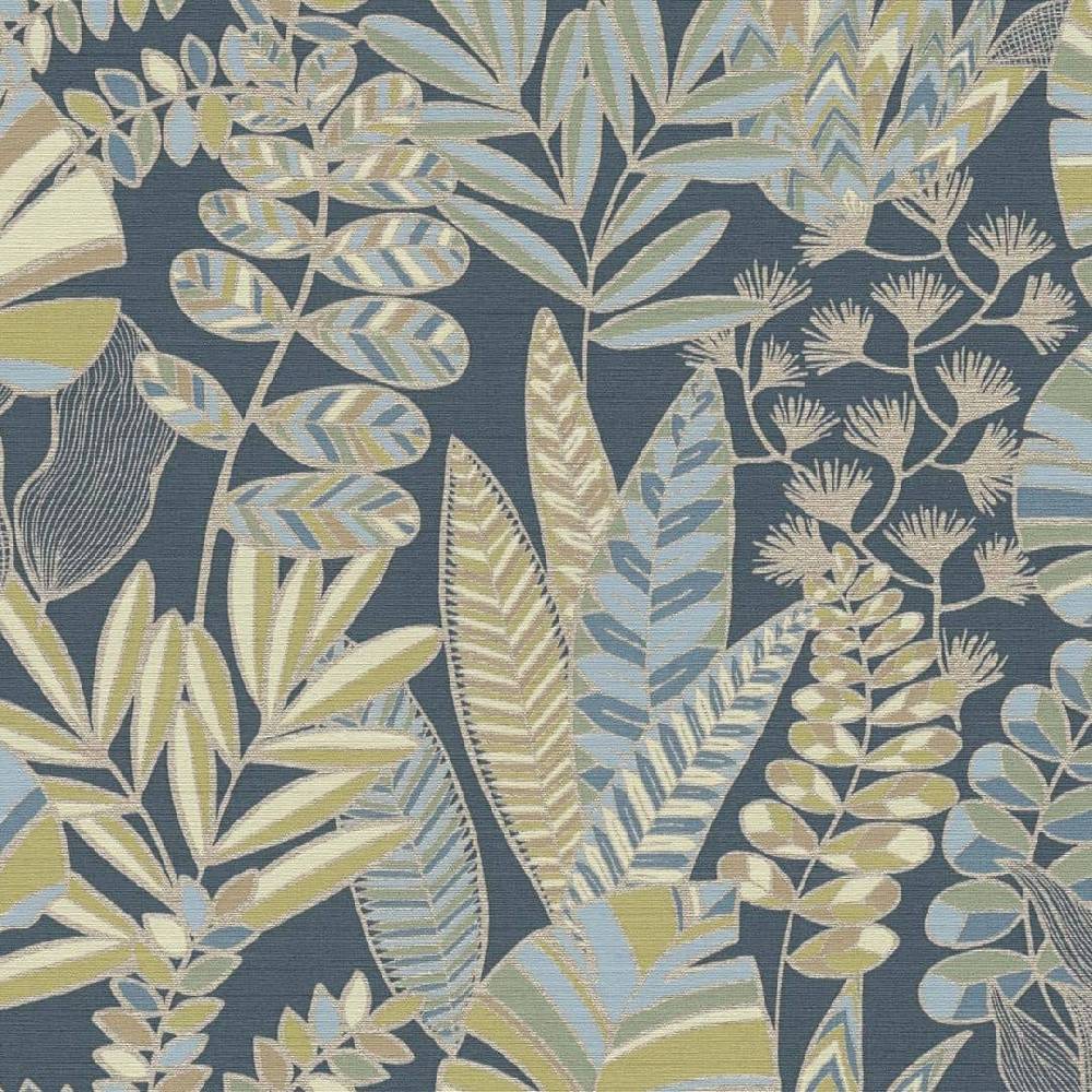 Kaeppel Dschungel Tapete Blau Gold Grün Pflanzen Vliestapete Blätter floral Großer Ausverkauf