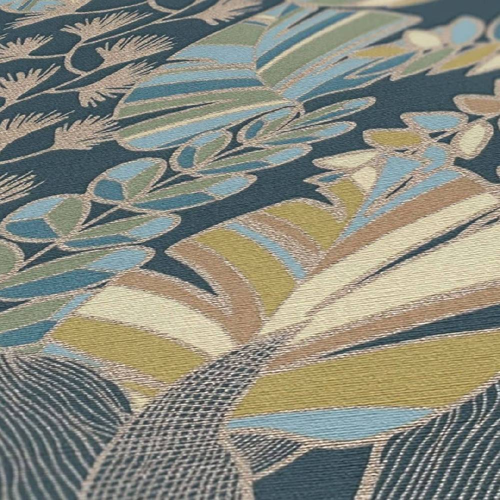 Kaeppel Dschungel Tapete Blau Gold Grün Pflanzen Vliestapete Blätter floral Großer Ausverkauf