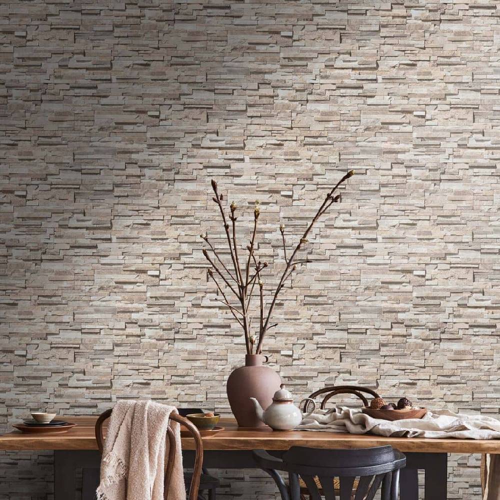 Kaeppel Steintapete 3D Tapete Vlies Beige - Vliestapete Steinoptik Modern für Wohnzimmer, Flur Preisnachlass