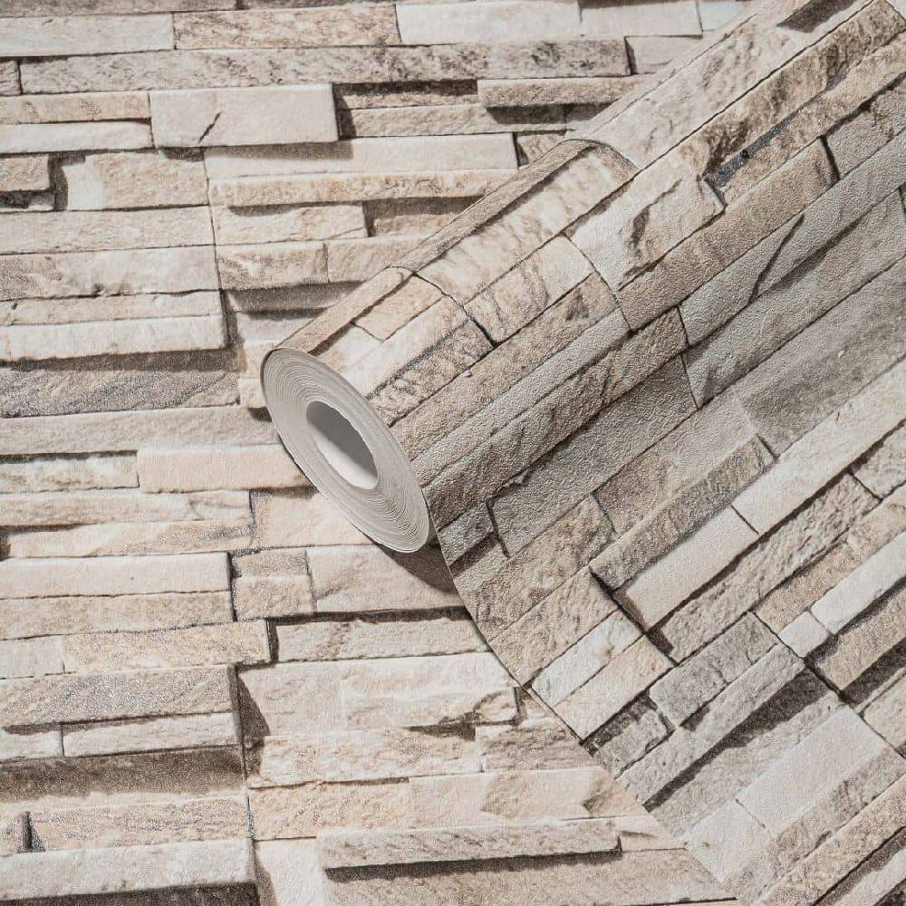 Kaeppel Steintapete 3D Tapete Vlies Beige - Vliestapete Steinoptik Modern für Wohnzimmer, Flur Preisnachlass