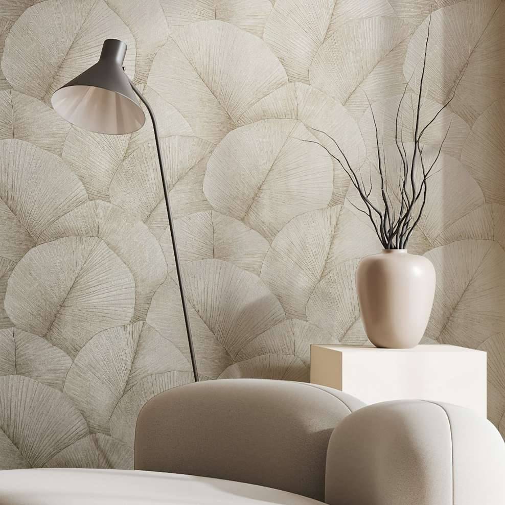 Kaeppel Vliestapete mit großem Blattmotiv beige Floral Tiefpreis