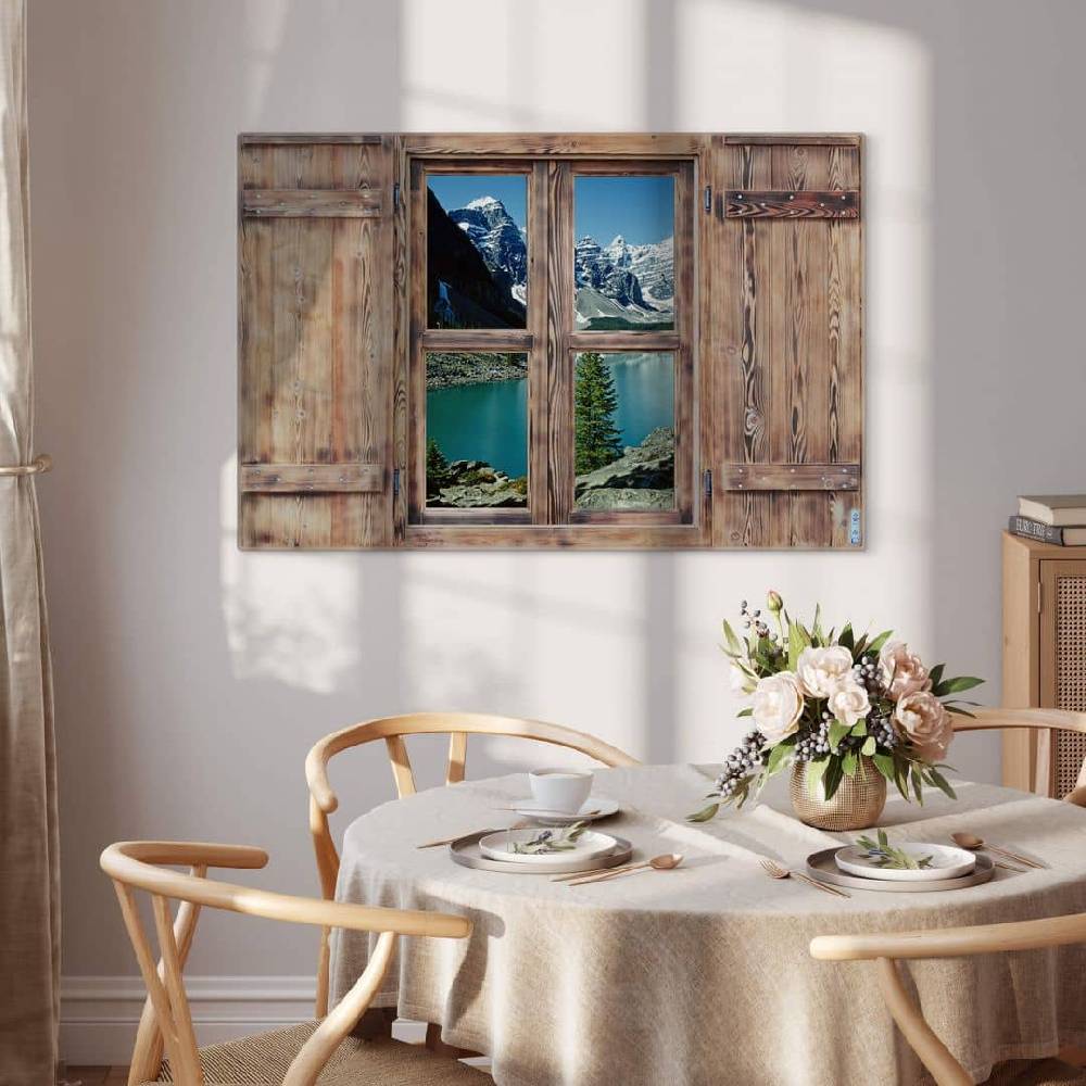 Kaeppel Glasbild 3D Holzfenster - Bergsee Idylle Auslauf