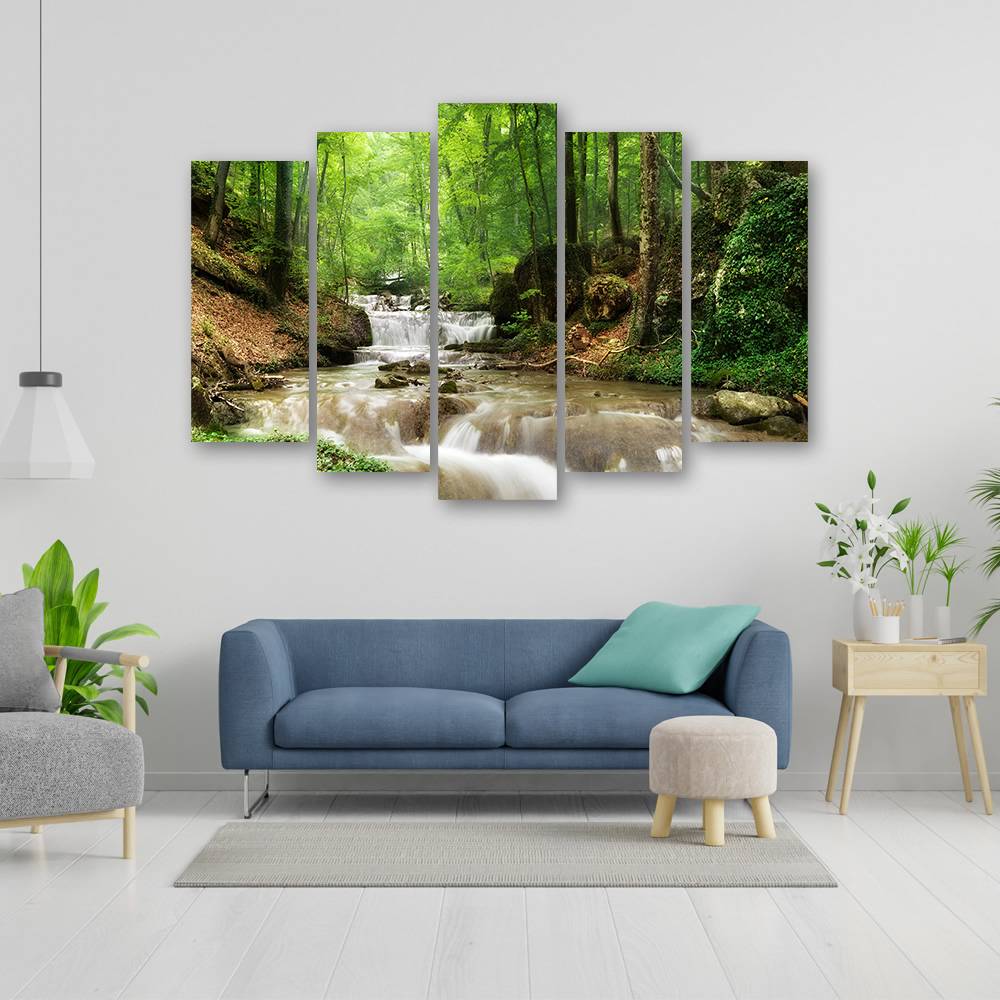Kaeppel Leinwandbild 5 teilig, Wasserfall Wald Bach Natur Blitzangebot
