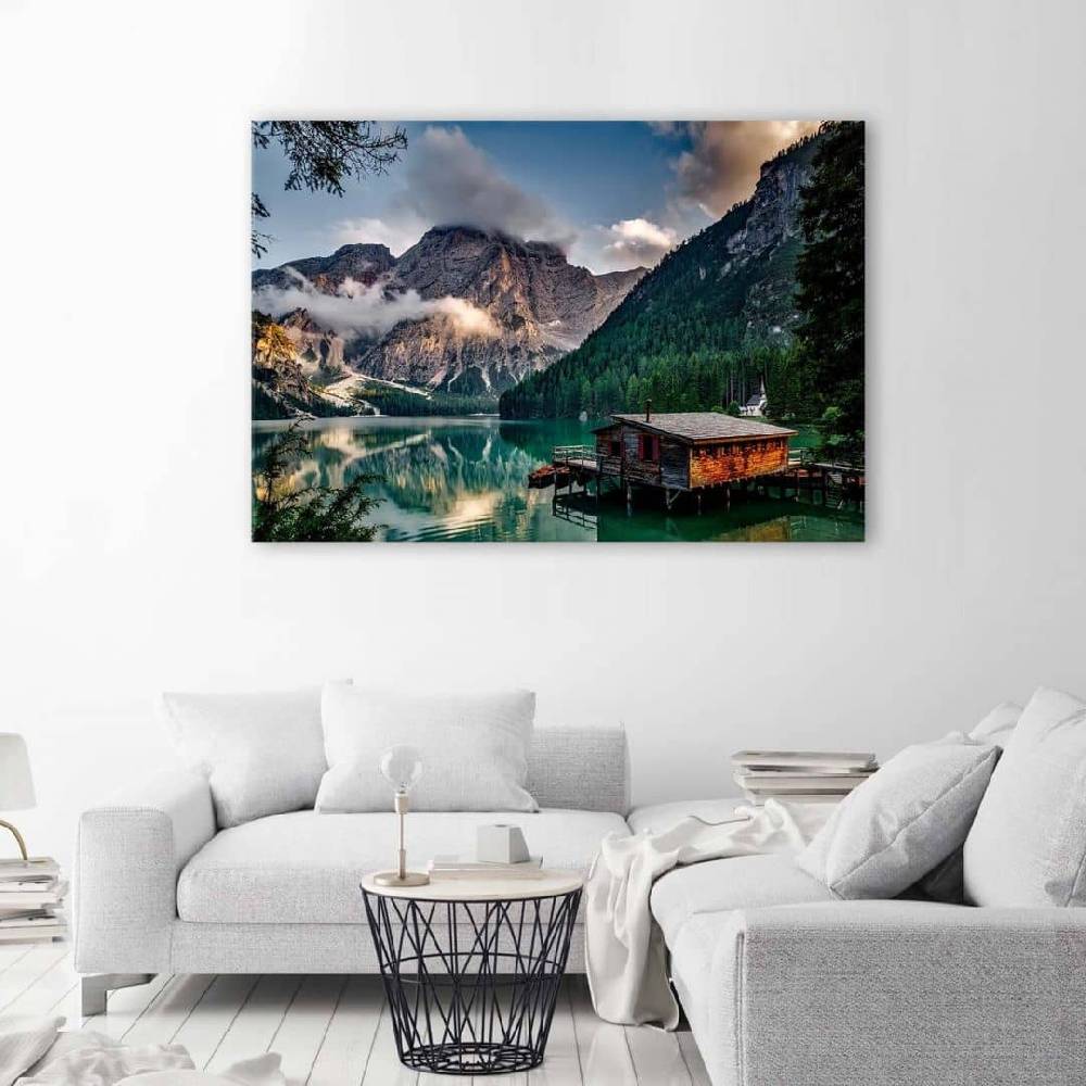 Kaeppel Leinwandbild, Hütte an einem See in den Bergen Bis zu 50% Rabatt