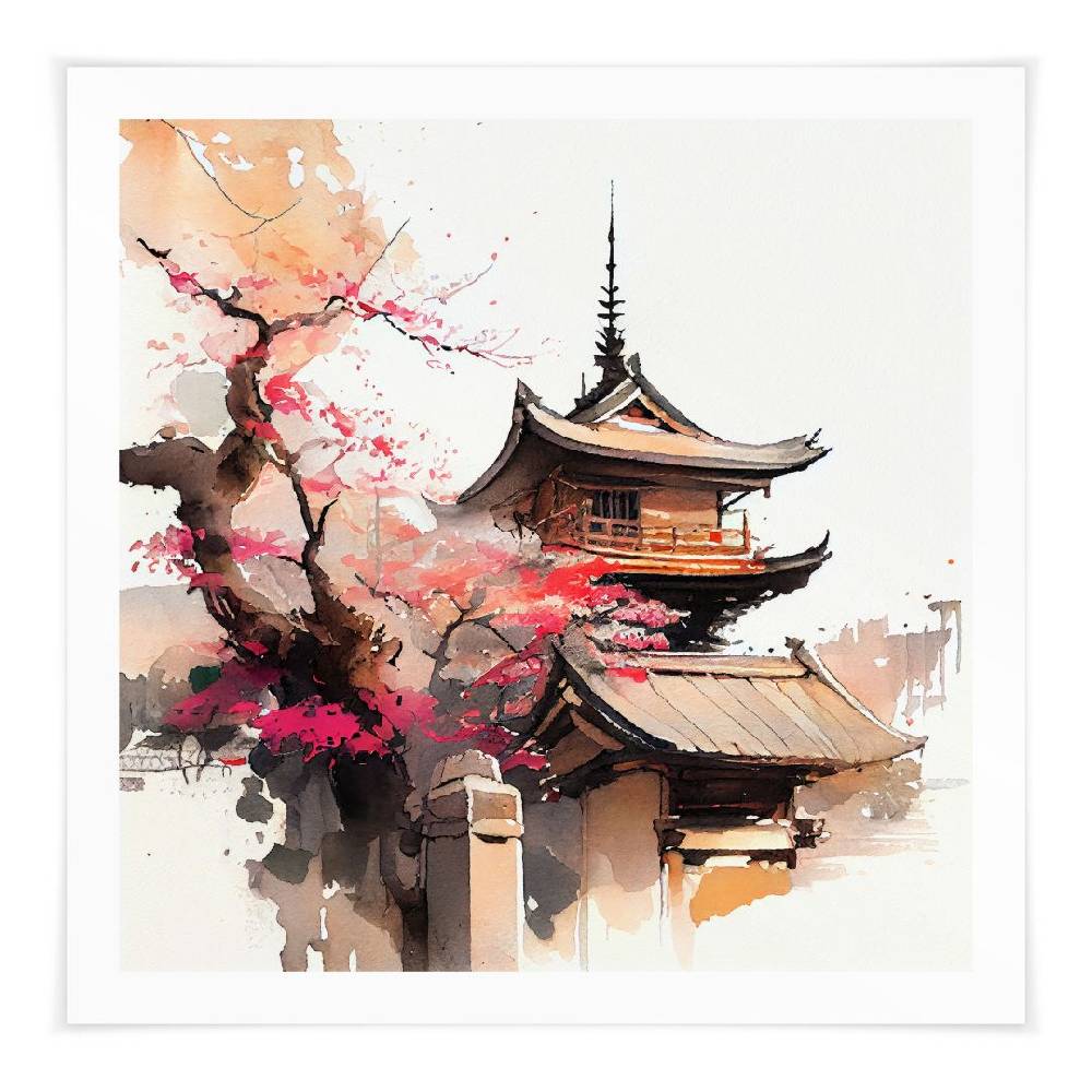 Kaeppel Poster Japanische Pagode mit Kirschblüten - Jaszke - Quadratisch Auslauf