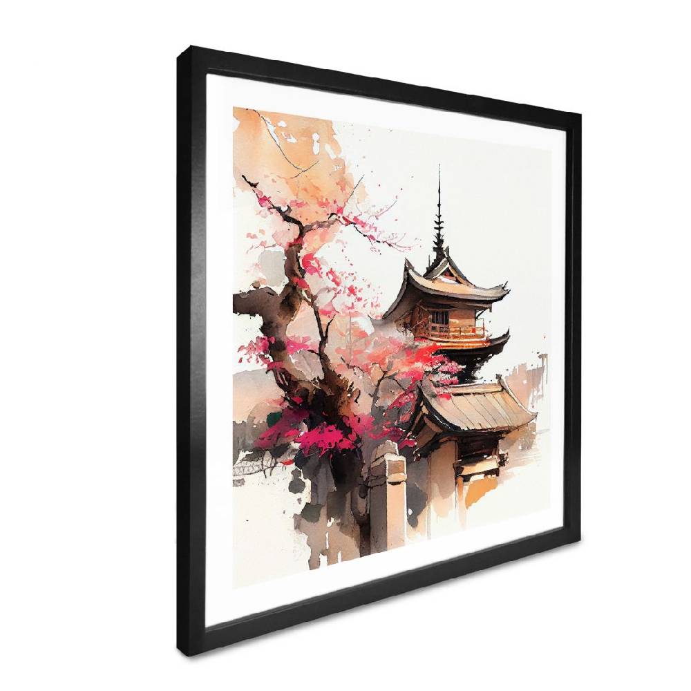 Kaeppel Poster Japanische Pagode mit Kirschblüten - Jaszke - Quadratisch Auslauf