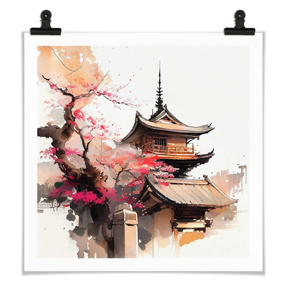 Kaeppel Poster Japanische Pagode mit Kirschblüten - Jaszke - Quadratisch Auslauf