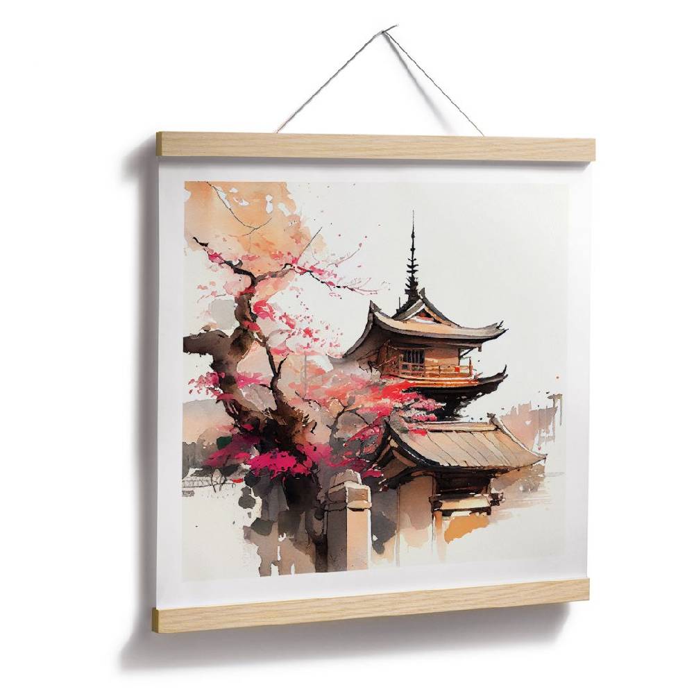 Kaeppel Poster Japanische Pagode mit Kirschblüten - Jaszke - Quadratisch Auslauf