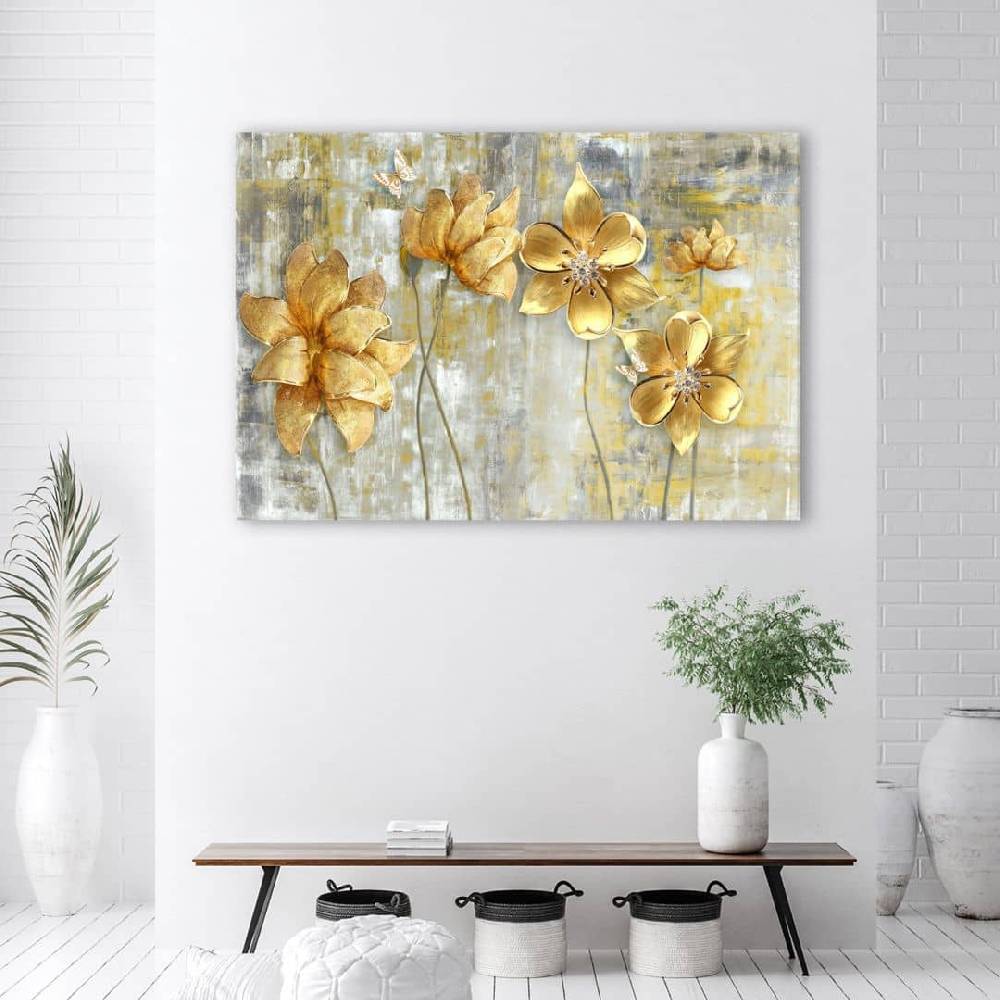 Kaeppel Leinwandbild, Goldene Blumen und Schmetterlinge Saisonale Angebote