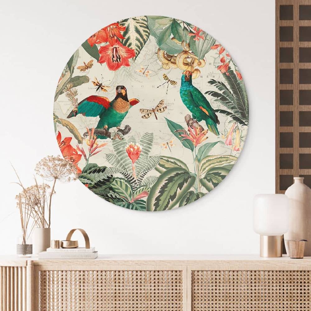 Kaeppel Wandbild Exotischer Dschungel mit Papageien - UN Designs - Alu-Dibond - Rund Riesige Ersparnisse