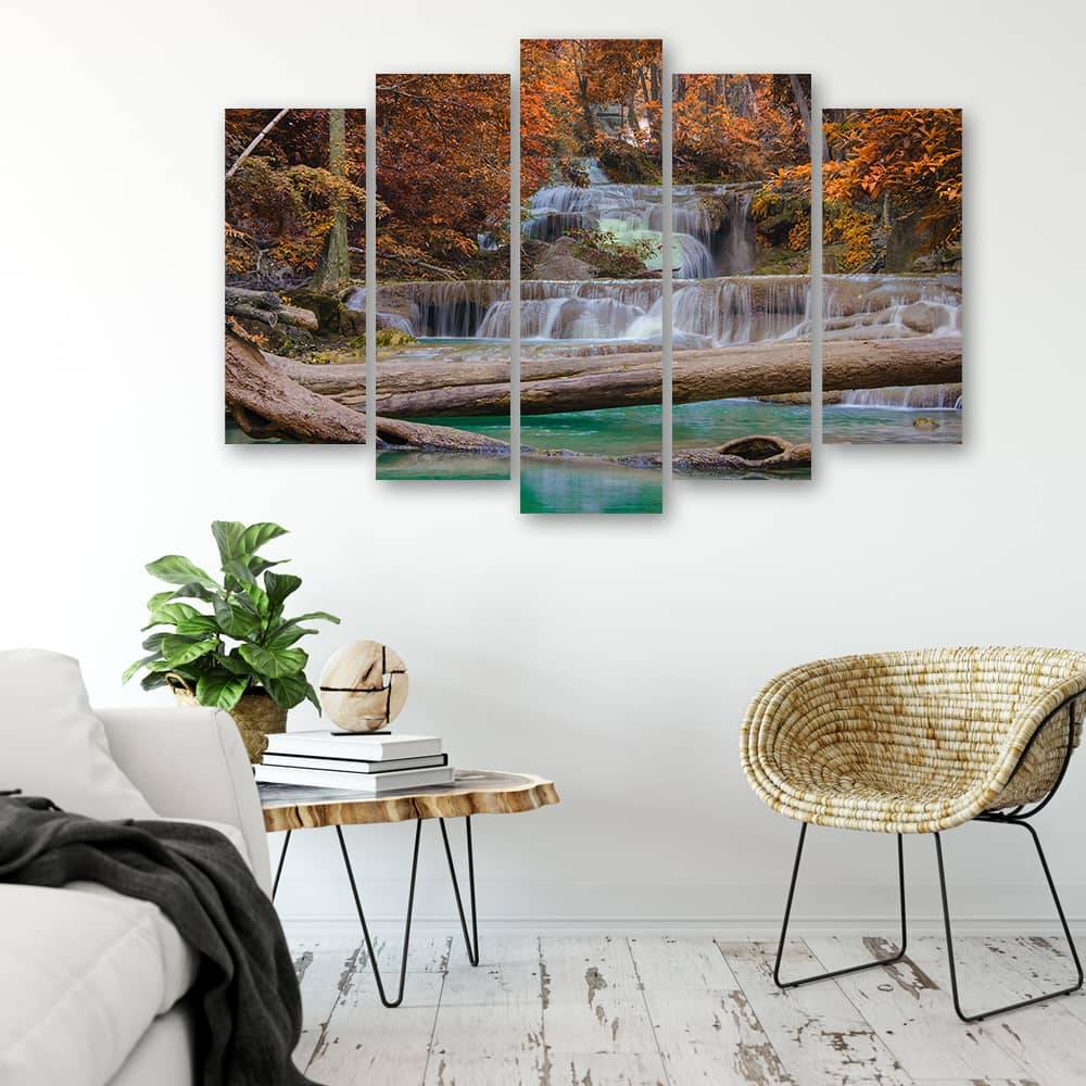 Kaeppel Leinwandbild 5 teilig, Wasserfall Herbst Wald 50% Rabatt mit kostenlosem Versand