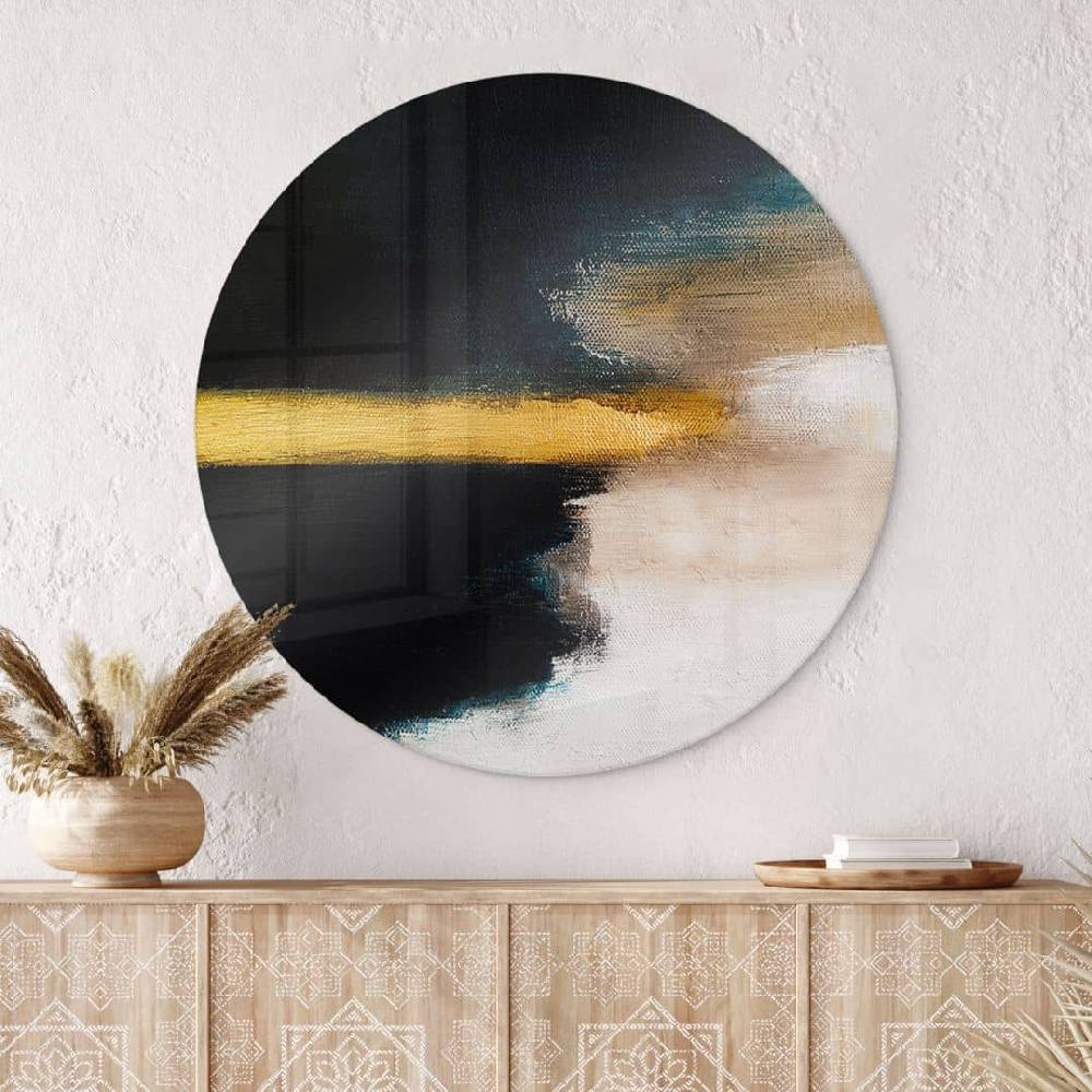 Kaeppel Glasbild Pinselstriche Gold und Schwarz - Haniff - Rund Black Friday Preise