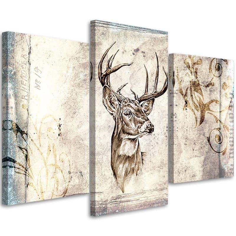 Kaeppel Leinwandbild 3-teilig, Hirsch Tier Vintage Beige Zeitlich begrenztes Angebot