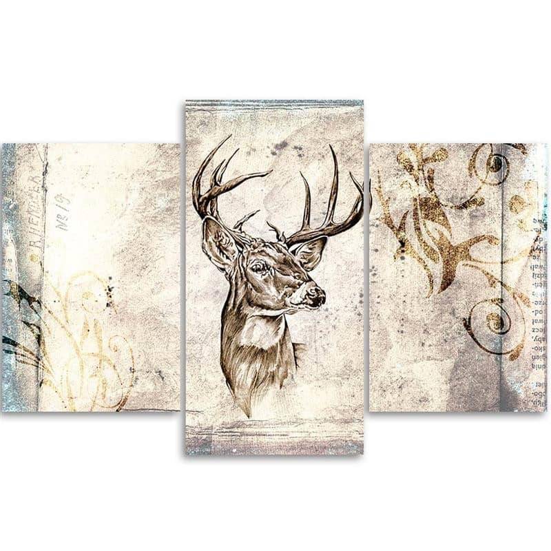 Kaeppel Leinwandbild 3-teilig, Hirsch Tier Vintage Beige Zeitlich begrenztes Angebot
