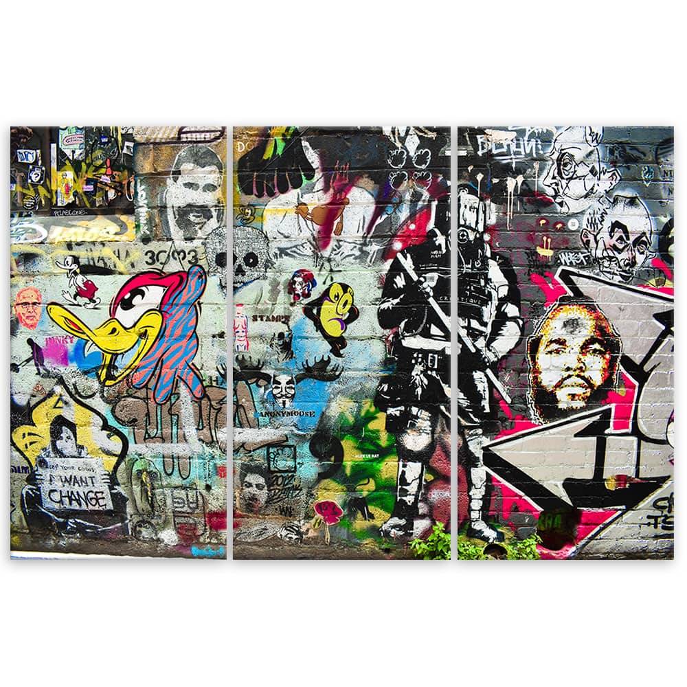Kaeppel Leinwandbild 3-teilig, Graffiti Straßenkunst VIP-Rabatte