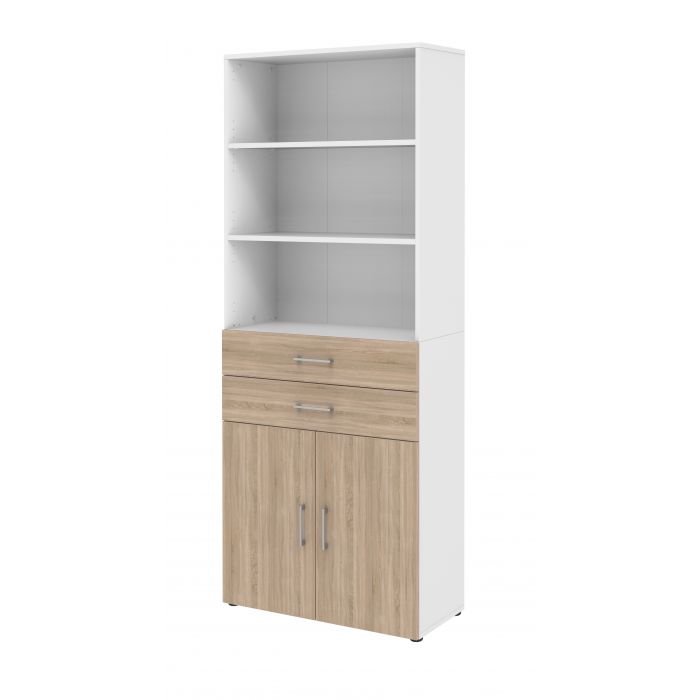 Röhr Bush Schrank in Weiß und Sonoma Eiche Nachbildung mit 3 Regalablagen und 2 Schubkästen