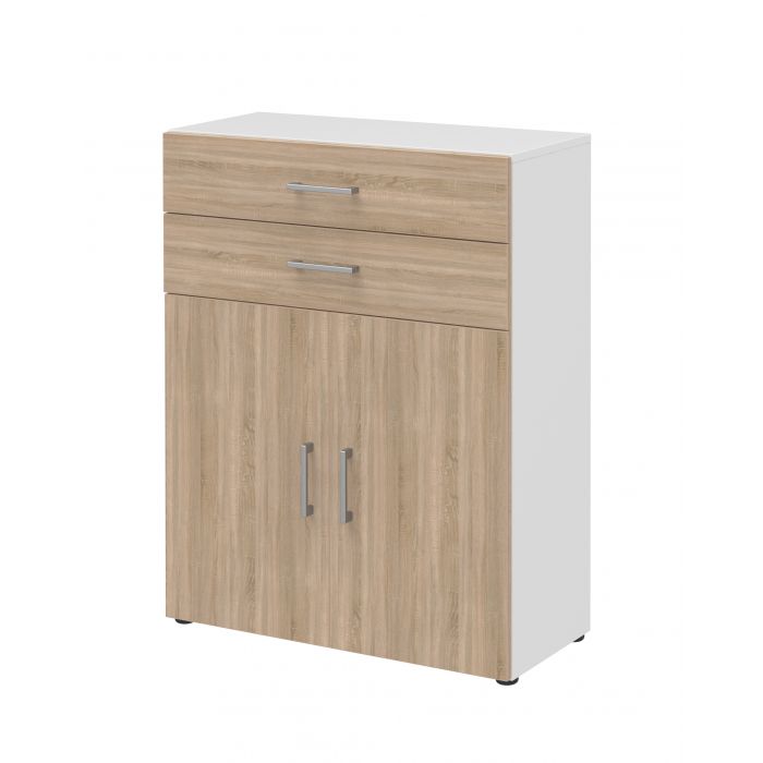 Röhr Bush Highboard in Weiß und Sonoma Eiche Nachbildung mit 2 Türen und 2 Schubkästen für 3 Ordnerhöhen