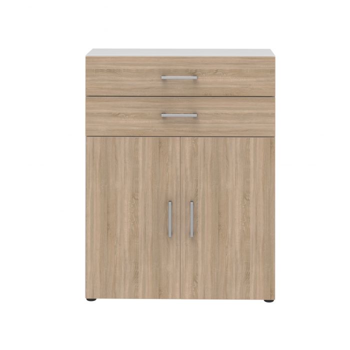 Röhr Bush Highboard in Weiß und Sonoma Eiche Nachbildung mit 2 Türen und 2 Schubkästen für 3 Ordnerhöhen Begrenzt auf 3 Tage