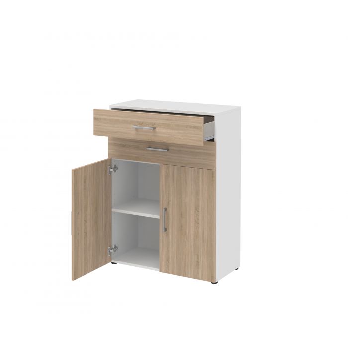 Röhr Bush Highboard in Weiß und Sonoma Eiche Nachbildung mit 2 Türen und 2 Schubkästen für 3 Ordnerhöhen Begrenzt auf 3 Tage