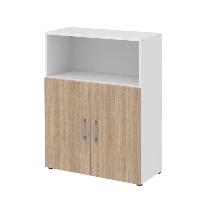 Röhr Bush Highboard in Weiß und Sonoma Eiche Nachbildung mit 2 Türen und 2 Schubkästen für 3 Ordnerhöhen Begrenzt auf 3 Tage