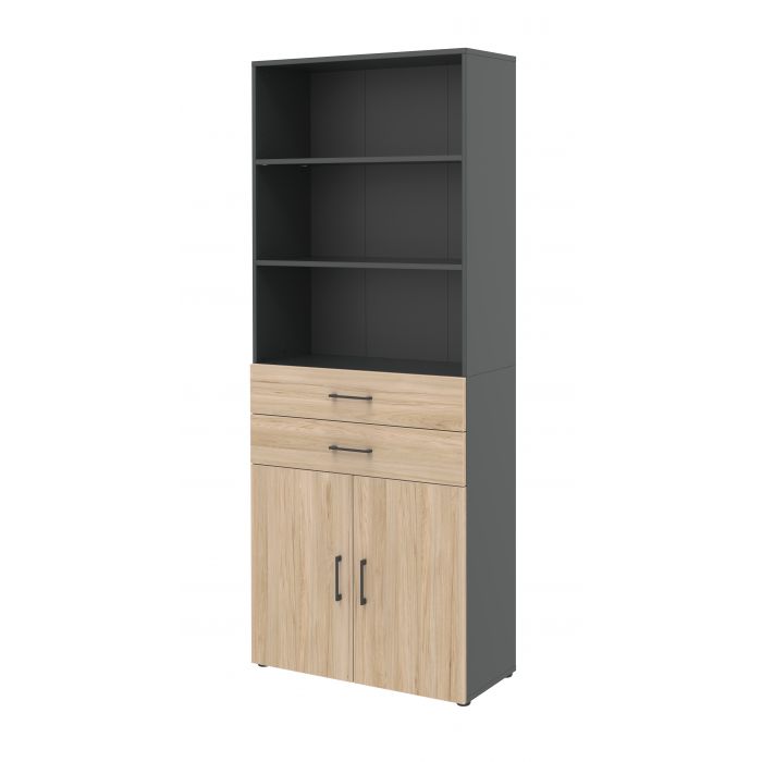 Röhr Bush Schrank in Anthrazit und Hickory Nachbildung mit 3 Regalablagen und 2 Schubkästen