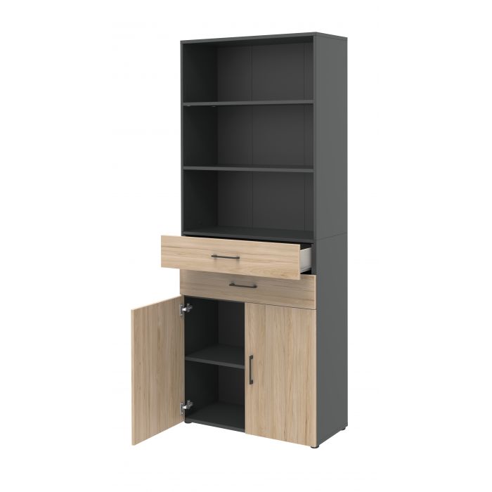 Röhr Bush Schrank in Anthrazit und Hickory Nachbildung mit 3 Regalablagen und 2 Schubkästen Outlet