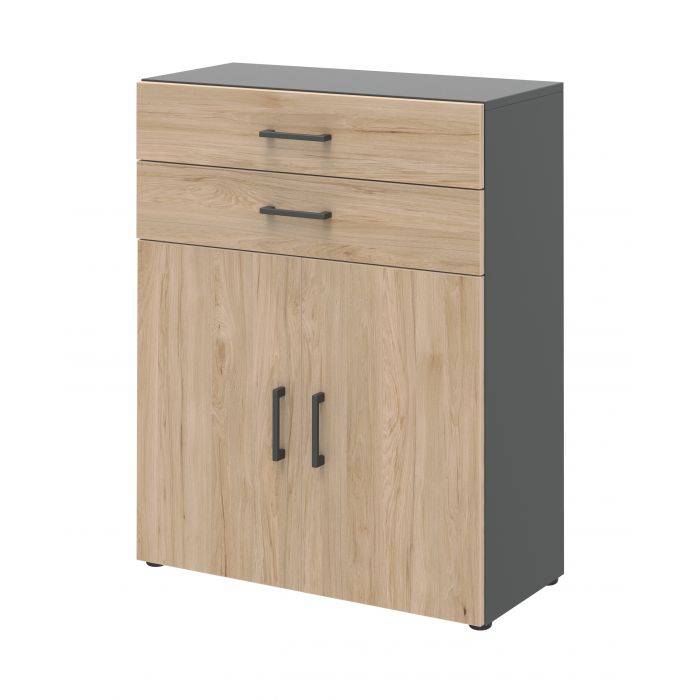 Röhr Bush Highboard in Anthrazit und Hickory Nachbildung mit 2 Türen und 2 Schubkästen für 3 Ordnerhöhen