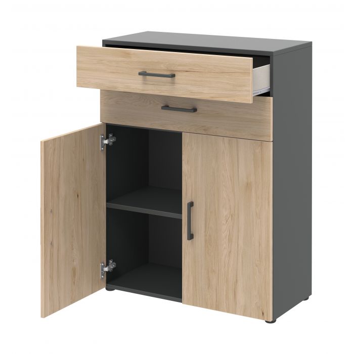 Röhr Bush Highboard in Anthrazit und Hickory Nachbildung mit 2 Türen und 2 Schubkästen für 3 Ordnerhöhen Blitzverkäufe