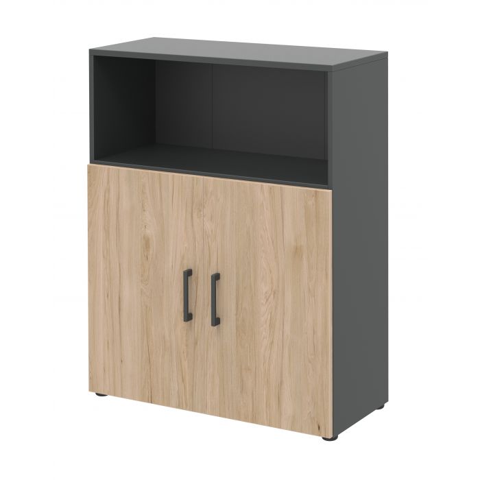 Röhr Bush Highboard in Anthrazit und Hickory Nachbildung mit 2 Türen und 2 Schubkästen für 3 Ordnerhöhen Blitzverkäufe