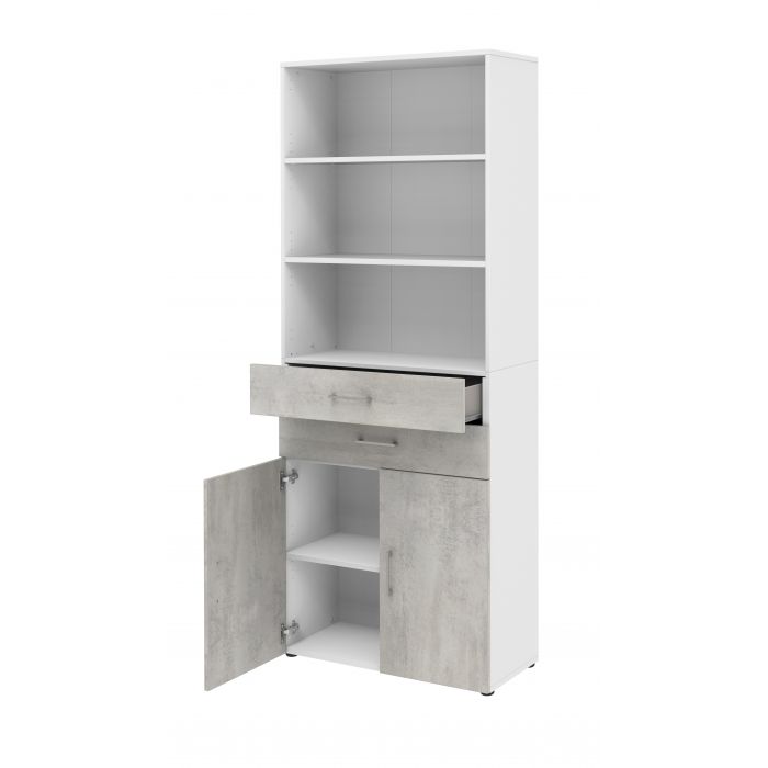 Röhr Bush Schrank in Weiß und Beton Nachbildung mit 3 Regalablagen und 2 Schubkästen Großer Ausverkauf