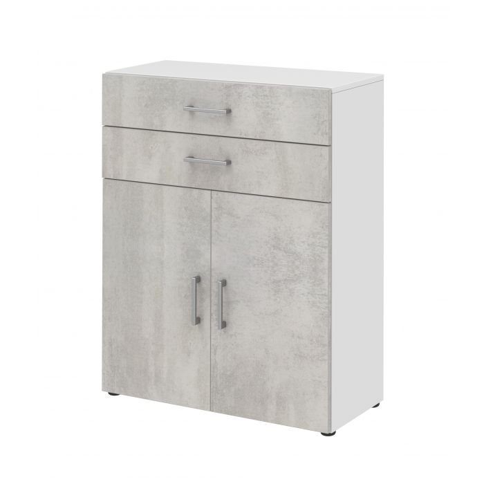 Röhr Bush Highboard in Weiß und Beton Nachbildung mit 2 Türen und 2 Schubkästen für 3 Ordnerhöhen