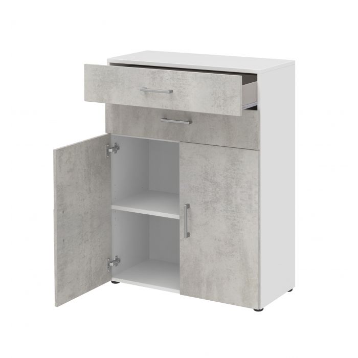 Röhr Bush Highboard in Weiß und Beton Nachbildung mit 2 Türen und 2 Schubkästen für 3 Ordnerhöhen Osterangebot