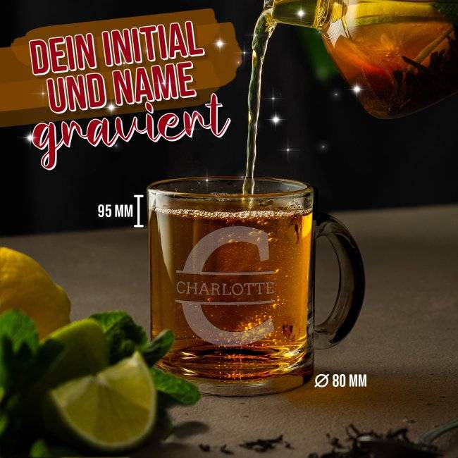 Tassendruck Glastasse mit Gravur - Initiale und Name Große Rabatte