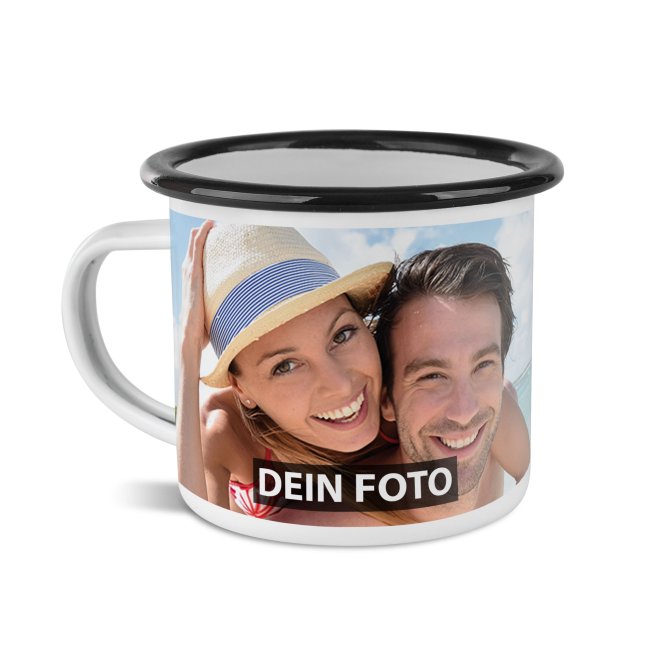 Tassendruck Emailletasse weiß Rand schwarz - 300 ml Neueste Stile