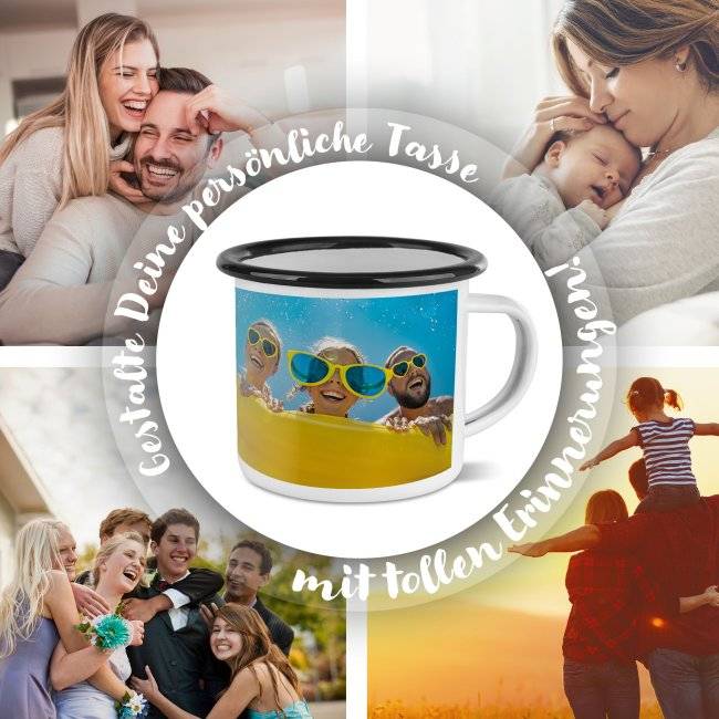 Tassendruck Emailletasse weiß Rand schwarz - 300 ml Neueste Stile