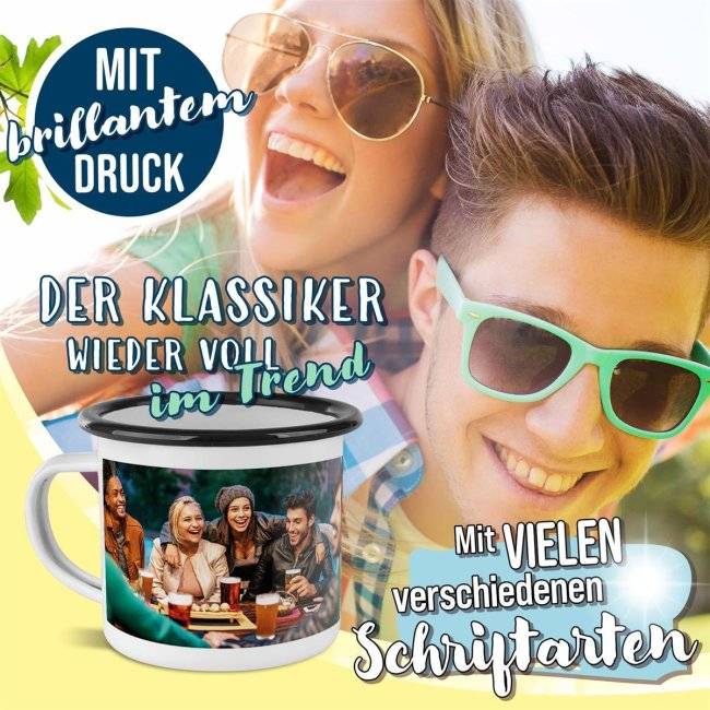 Tassendruck Emailletasse weiß Rand schwarz - 300 ml Neueste Stile