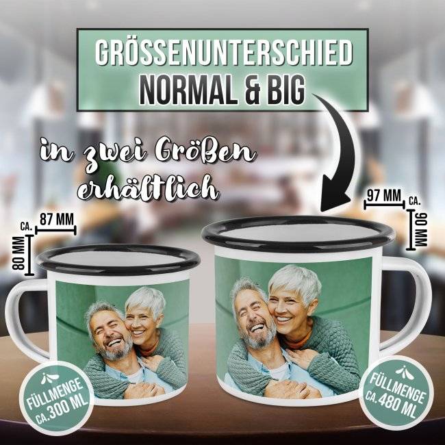 Tassendruck Emailletasse weiß Rand schwarz - 300 ml Neueste Stile