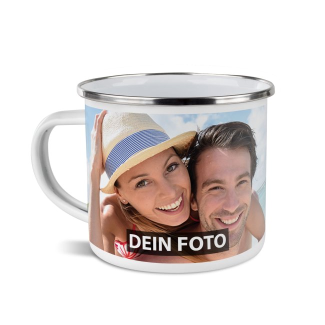 Tassendruck Emailletasse weiß Rand silber - 300 ml