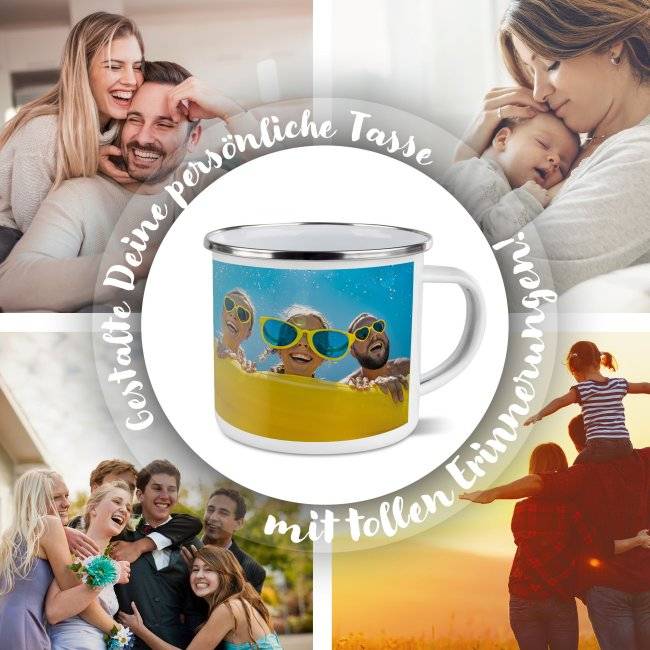 Tassendruck Emailletasse weiß Rand silber - 300 ml Letzte 2 Tage