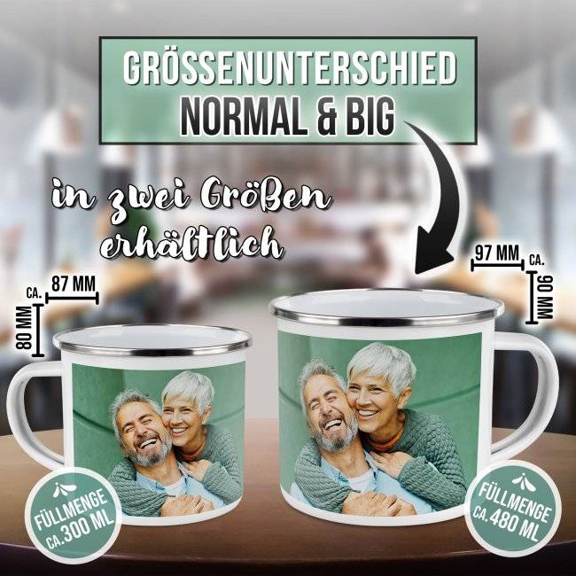 Tassendruck Emailletasse weiß Rand silber - 300 ml Letzte 2 Tage